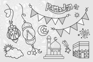 doodles line art del concetto di biglietto di auguri ramadan kareem. illustrazione vettoriale. vettore