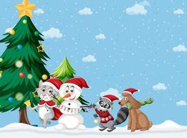 tema natalizio con pupazzo di neve e animali vettore