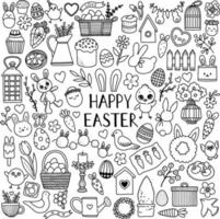 doodle di Pasqua di vettore con simpatici coniglietti, galline, fiori e uova
