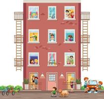 finestre dell'appartamento con il personaggio dei cartoni animati dei vicini vettore
