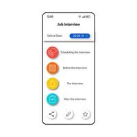 modello vettoriale dell'interfaccia dello smartphone per la gestione del colloquio di lavoro. layout del design del colore della pagina dell'app mobile. schermata delle notifiche delle fasi di lavoro. interfaccia utente piatta per l'applicazione. display del telefono pianificatore..