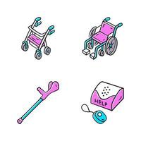 set di icone a colori per dispositivi disabilitati. deambulatore, sedia a rotelle manuale, stampella per avambraccio, sistema di risposta alle emergenze personale. ausili per la mobilità, attrezzature per portatori di handicap. illustrazioni vettoriali isolate