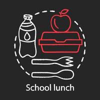 ora di pranzo della scuola, icona del concetto di gesso per la pausa pasto. idea pubblicitaria per la ristorazione. bottiglia di latte, pranzo al sacco, mela e cucchiaio di plastica con illustrazione lavagna isolata vettore forchetta. alimentazione della mensa