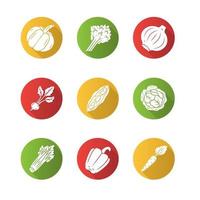 verdure design piatto lungo ombra glifo icone impostate. zucca, cipolla, carota, cavolo cappuccio, pepe. vitamina e dieta. alimentazione sana. cibo vegano. illustrazione della siluetta di vettore