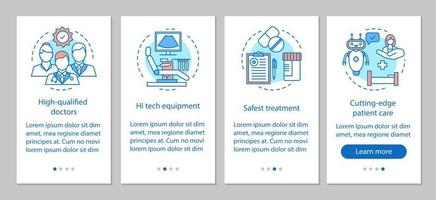 il servizio medico avanza nella schermata della pagina dell'app mobile con concetti lineari. medici, attrezzature, trattamento, procedure dettagliate per la cura istruzioni grafiche. ux, ui modello vettoriale con illustrazioni