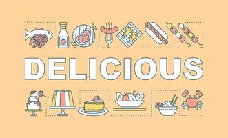 banner di concetti di parola deliziosa. cibo gustoso. barbecue, frutti di mare, dolci, verdure. presentazione, sito web. idea tipografica lettering isolato con icone lineari. illustrazione del contorno vettoriale