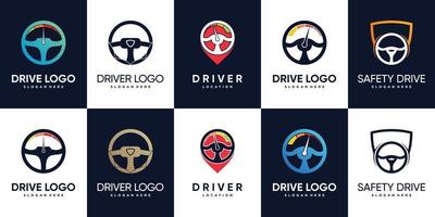 impostare il pacchetto di design del logo del conducente con sterzo e vettore premium elemento creativo