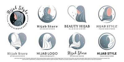 set di modello di design del logo hijab con viso di donna e vettore premium elemento creativo