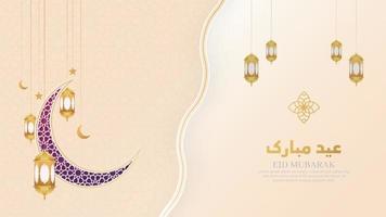 eid mubarak islamico bianco modello di lusso sfondo con lanterne ornamentali e luna crescente vettore