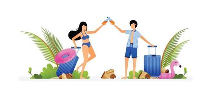 illustrazione vettoriale di un paio di persone che brindano con le valigie un segno che si è aperta la stagione delle vacanze. il design può essere utilizzato per landing page, web, sito Web, poster, app mobili, annunci opuscoli, volantini