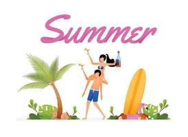 illustrazione vettoriale di scrittura estiva sopra i giovani che festeggiano sulla spiaggia estiva durante le vacanze di agosto. il design può essere utilizzato per landing page, web, sito web, poster, app, brochure pubblicitarie, volantini, biglietti da visita