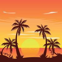 tramonto colorato sull'isola tropicale. bellissima spiaggia oceanica con illustrazione di palme, paesaggio panoramico piatto del fumetto, tramonto con le palme su sfondo colorato