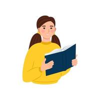 la ragazza legge un libro, il bambino con il libro in mano. illustrazione vettoriale in stile piatto. cartone animato, carattere isolato