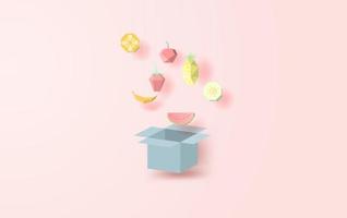 illustrazione di molti frutti colorati appendere sulla scatola aprire il coperchio. raccolta geometrica poligonale 3d carta stile arte frutta, triangoli, mela, banana, arancia, fragola, ananas, anguria, kiwi. vettore