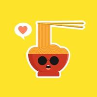 personaggio carino e kawaii ciotola di ramen in stile piatto. noodle con illustrazione del personaggio dei cartoni animati di bacchette con emoji ed espressione. può essere utilizzato per ristorante, resto, mascotte, cinese. giapponese, asiatico vettore