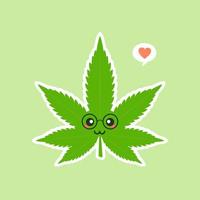 carino e kawaii sorridente felice marijuana erbaccia foglia verde faccia. disegno dell'icona dell'illustrazione del personaggio dei cartoni animati piatto vettoriale. isolato su sfondo colorato. marijuana ganja, cannabis medica e ricreativa vettore