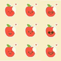 illustrazioni di design dei personaggi della mela morsicata. raccolta di caratteri di frutta illustrazione vettoriale di un personaggio mela divertente e sorridente.