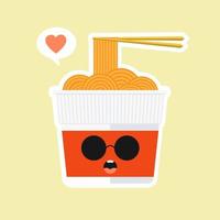 simpatico e kawaii istantaneo tazza di ramen personaggio in stile piatto. tazza di noodle con illustrazione di cartone animato bacchette con emoji ed espressione. può essere utilizzato per ristorante, resto, mascotte, cinese. giapponese, asiatico vettore