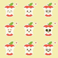 illustrazioni di design dei personaggi della mela morsicata. raccolta di caratteri di frutta illustrazione vettoriale di un personaggio mela divertente e sorridente.