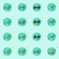 carino divertente mondo terra emoji che mostra emozioni di personaggi colorati illustrazioni vettoriali. la terra, salva il pianeta, risparmia energia, il concetto del giorno della terra