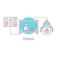 icona del concetto di assistenza all'infanzia. illustrazione della linea sottile dell'idea dell'infanzia. bambino nel box, tazza sippy, giocattolo. disegno di contorno isolato vettoriale