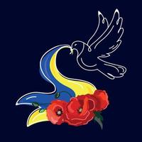colomba della pace che tiene la bandiera dell'ucraina con fiori di papaveri rossi nel suo modello di design del becco. nessuna guerra in ucraina concept.vector illustrazione vettore