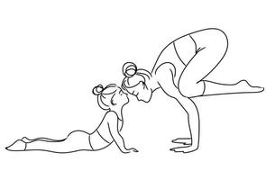 madre e figlia fanno yoga ed eseguono assana. lezioni di fitness con bambini, illustrazione vettoriale di contorno. salute mentale e fisica del concetto di madre e bambino