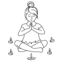 bambina che medita nella posizione del loto, illustrazione vettoriale di contorno isolata su sfondo bianco. yoga per bambini, concetto di salute mentale dei bambini.