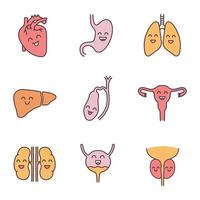 set di icone di colore degli organi interni umani sorridenti. salute dell'apparato respiratorio, urinario, riproduttivo, digerente. illustrazioni vettoriali isolate