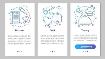 schermata della pagina dell'app mobile per l'onboarding della cucina del cibo con concetti lineari. trova ricette, preparazione dei pasti, istruzioni grafiche per piatti deliziosi. ux, ui, modello vettoriale gui con illustrazioni