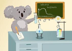 lo scienziato koala sperimenta in laboratorio e crea un arcobaleno per aumentare il livello di felicità vettore