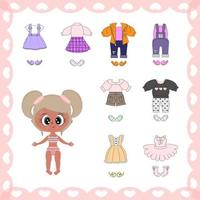 collezione di vestiti per bambole di carta bella bambina bionda, per applicazioni web, stampa, ritagli, giochi per bambini, sviluppo, illustrazione vettoriale