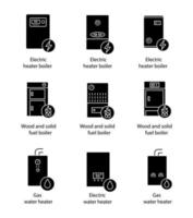 set di icone del glifo di riscaldamento. gas, elettrico, combustibili solidi, caldaie e scaldabagno. impianti di riscaldamento centralizzato commerciali, industriali e domestici. simboli di sagoma. illustrazione vettoriale isolato