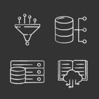 set di icone di gesso per apprendimento automatico. filtraggio dati, database relazionale, server, cloud computing. illustrazioni di lavagna vettoriali isolate