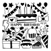 elementi disegnati a mano doodle buon compleanno premium vettore