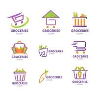 set di logo di generi alimentari online viola semplicemente verde vettore