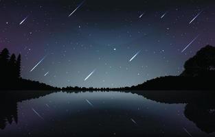 vista notturna di pioggia di meteoriti in un lago vettore