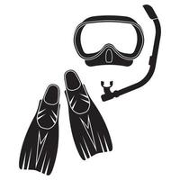 maschera subacquea e pinne, illustrazione vettoriale isolata, icona silhouette nera