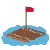zattera di legno con bandiera, illustrazione vettoriale isolata a colori in stile cartone animato