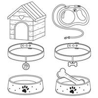 set di cabina, ciotola, collare e guinzaglio per cane e gatto, illustrazione vettoriale isolata contorno doodle
