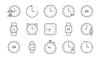 set di tempo e orologio nel design dell'icona di linea sottile. raccolta di icone vettoriali con stile minimalista.