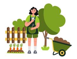 le persone amano il giardinaggio e piantare piante una donna agricoltore giardiniere che fa lavoro e hobby agricolo illustrazione vettoriale isolato