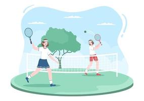 giocatore di tennis con la racchetta in mano e la palla in campo. persone che fanno una partita di sport in un'illustrazione piatta del fumetto vettore