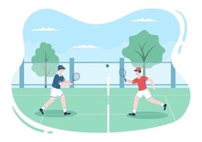 giocatore di tennis con la racchetta in mano e la palla in campo. persone che fanno una partita di sport in un'illustrazione piatta del fumetto vettore