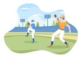 il giocatore di baseball fa sport lanciando, catturando o colpendo una palla con mazze e guanti che indossano l'uniforme sullo stadio del campo in un'illustrazione piatta del fumetto
