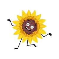 personaggio girasole con pazze emozioni felici, viso gioioso, occhi sorridenti, braccia e gambe danzanti. persona pianta con espressione divertente, emoticon fiore giallo sole. illustrazione piatta vettoriale