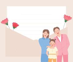 cancelleria decorata con fiori di garofano. famiglia felice in piedi sorridente. vettore