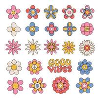 grande set di margherite geometriche floreali colorate. collezione di fiori groovy nell'estetica hippie degli anni '70. elementi di stampa d'arte botanica multicolore divertenti. illustrazione vettoriale lineare disegnata a mano.