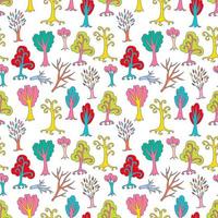 carino doodle seamless con diversi alberi e rami. sfondo di foresta infinito disegnato a mano. bosco dei cartoni animati. il meglio per design, tessile, tessuto, carta da imballaggio, bambini. vettore