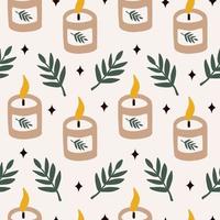 Reticolo senza giunte con candele aromatiche su sfondo pastello. candele decorative in cera per relax e spa. illustrazione disegnata a mano moderna vettore